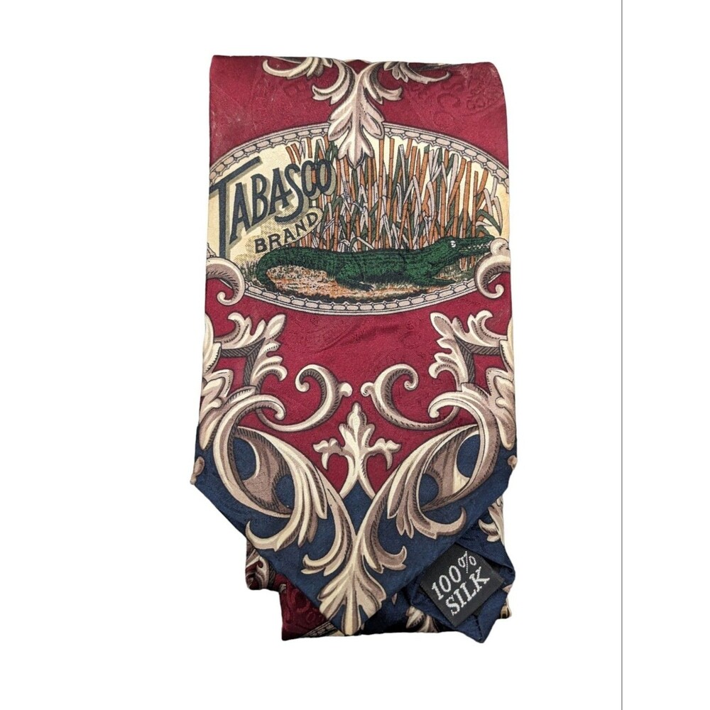 TABASCO Hot Sauce Men's 100% Classic Silk Tie 59" Alligator Fleur De Lis EUC